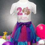 Personalised Embroidered Tea Cup Cute Puppy T Shirt & Tutu Birthday Set. - Image 3