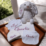 Personalised Embroidered 5pc New Born Baby Boxed Gift Set, Baby Knit Cot Blanket Set, New Baby Hamper, Embroidered Baby Shower Gift - Image 2