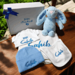 Personalised Embroidered 5pc New Born Baby Boxed Gift Set, Baby Knit Cot Blanket Set, New Baby Hamper, Embroidered Baby Shower Gift